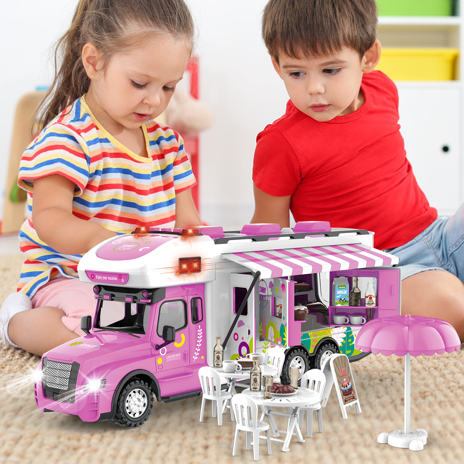 Remote Control Car, RC Camper Car Toy with Light & Sound Camping Equipment Set, Pretend Play RV Set Dollhouse Vehicle Birthday Gifts for 3-8 Year Girls