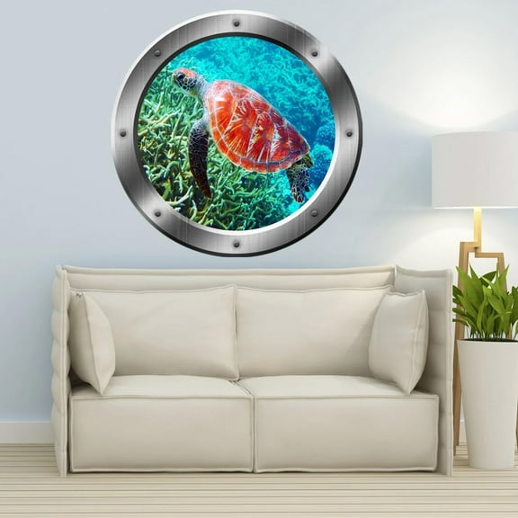 VWAQ Sea Turtle Wall Decal Ship Window Porthole Sticker Sea Life Wall Mural Home Decor - SP31 (20" Diameter)
