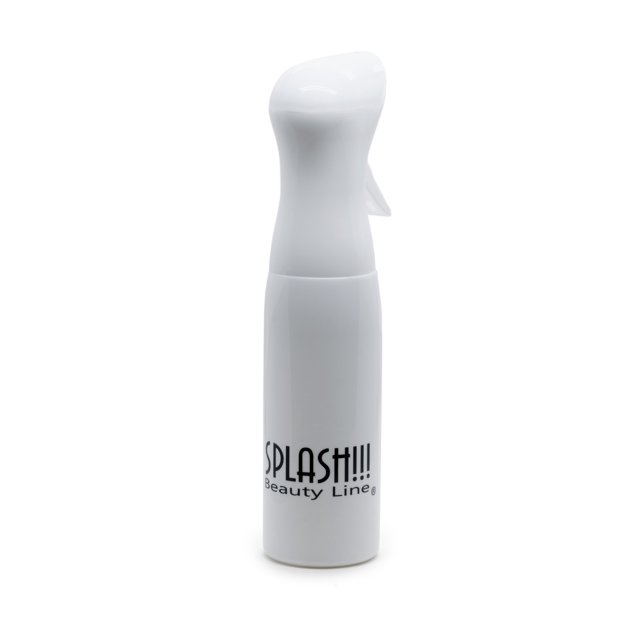 atomizador chorro continuo plástico blanco - estética 300ml frontal, atomizador plástico blanco 300 ml con boquilla ergonómica de chorro continuo, cuerpo cilíndrico liso y logo Splash!!! Beauty Line visible en la base; fondo blanco neutro, diseñado para barbería y salón, también adecuado para aplicar productos capilares en servicios móviles.