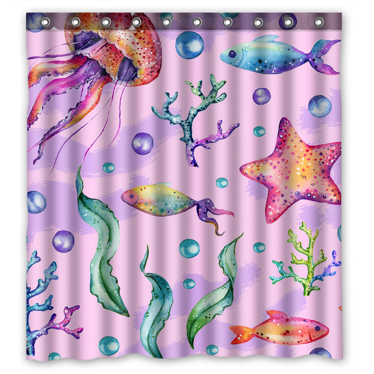 YKCG Seashell Starfish Watercolor Jellyfish Waterproof Fabric Bathroom