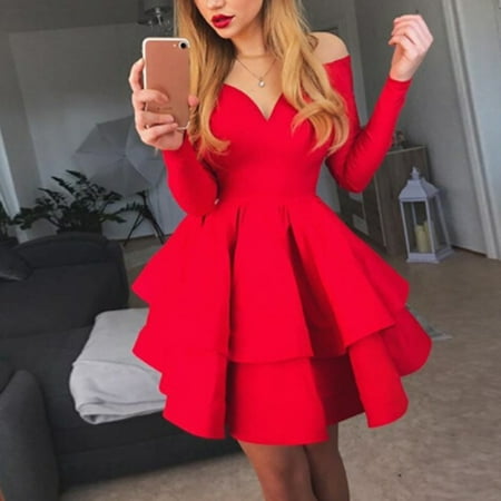 symoid Dresses for Women 2022- Fashion Elegant Deep V-neck Solid Long Sleeve Ruffled Evening Dress Red XXL