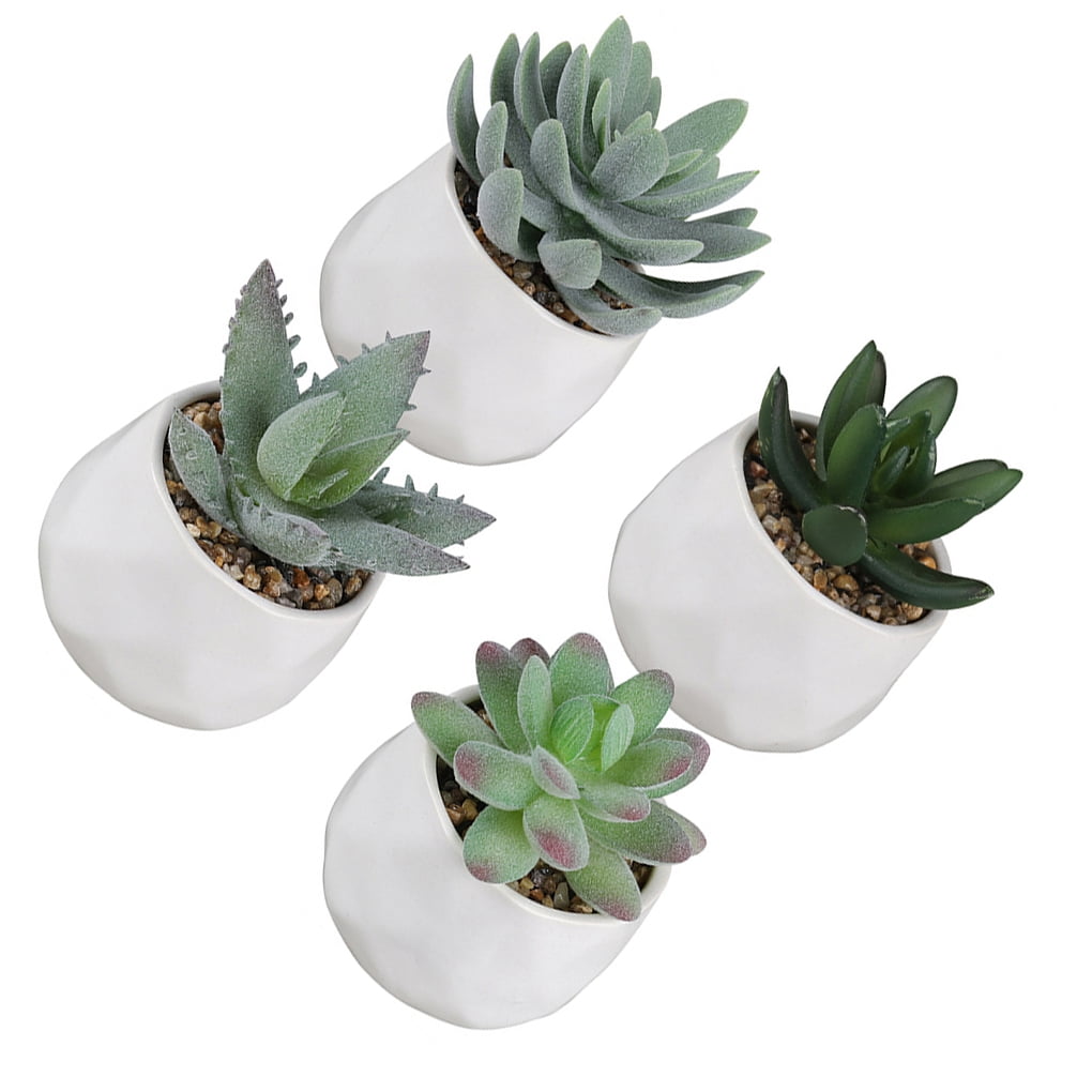 Lot De 4 Plantes Artificielles Succulentes En Pot Céramique - Petites Fausses Plantes Vertes Pour Décoration Intérieur