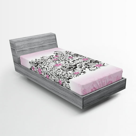 Ambesonne Black and Pink Fitted Sheet, Swirling Flowes, Twin Size, Pink and Charcoal Grey