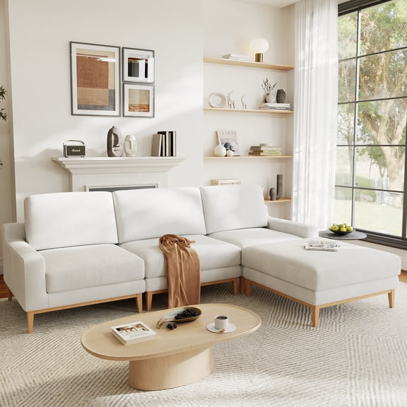 The Magic Home 117" L Shaped Modular Couch Deep Seat Cloud Couch Linen Look Upholstered with Movable Ottoman for Living Room Family Room Oversized 4 Seat White Couch