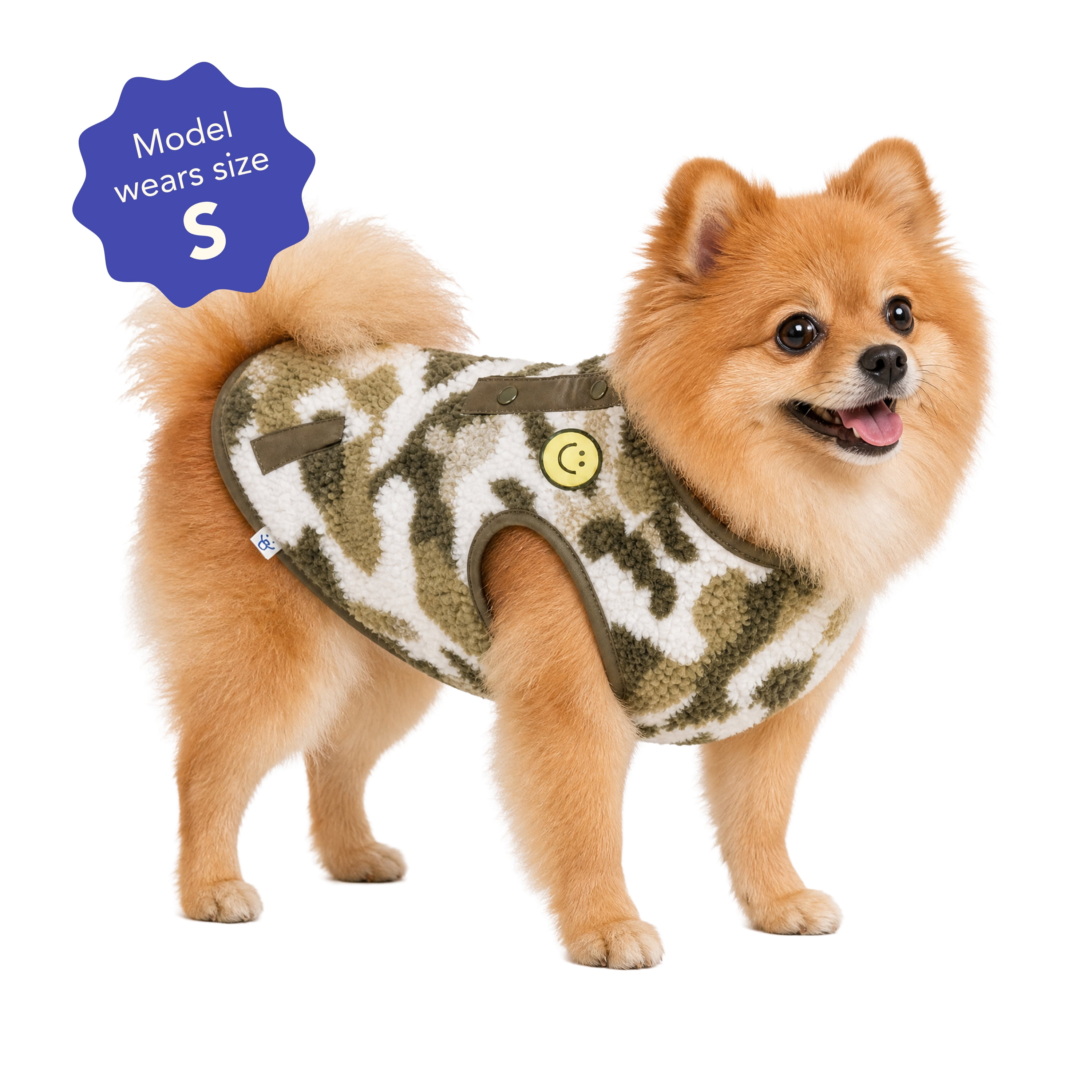 Oodles Smiley Face Fall Camo Sherpa Dog Jacket, Green, Small