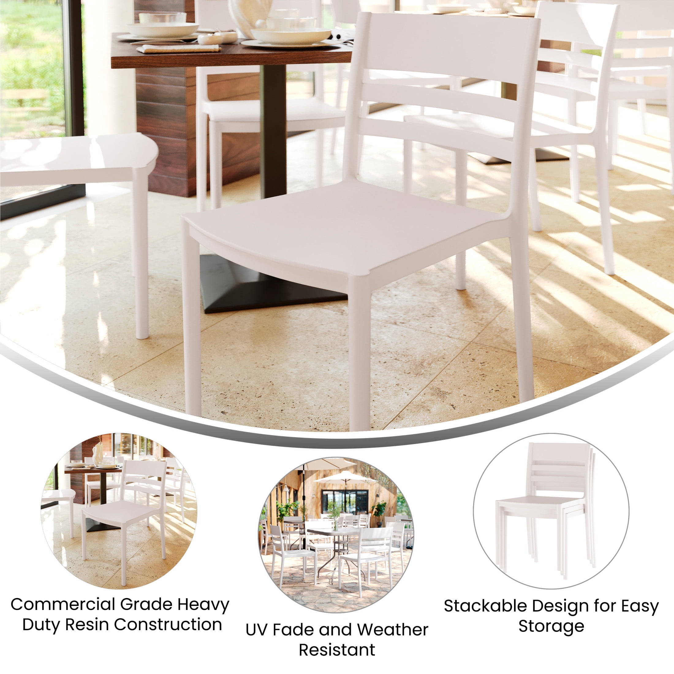 Flash Furniture Set of 4 Indoor-Outdoor Stacking Patio Chairs with Slatted Backrest, Commercial All-Weather Resin Chairs in White