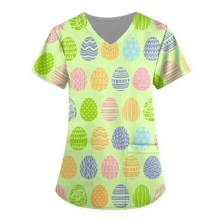 

Mlqidk Easter Scrub Tops Women Bunny Blouse Short Sleeve Nurse Working Uniform V Neck Easter Eggs Graphic Scrub Shirts