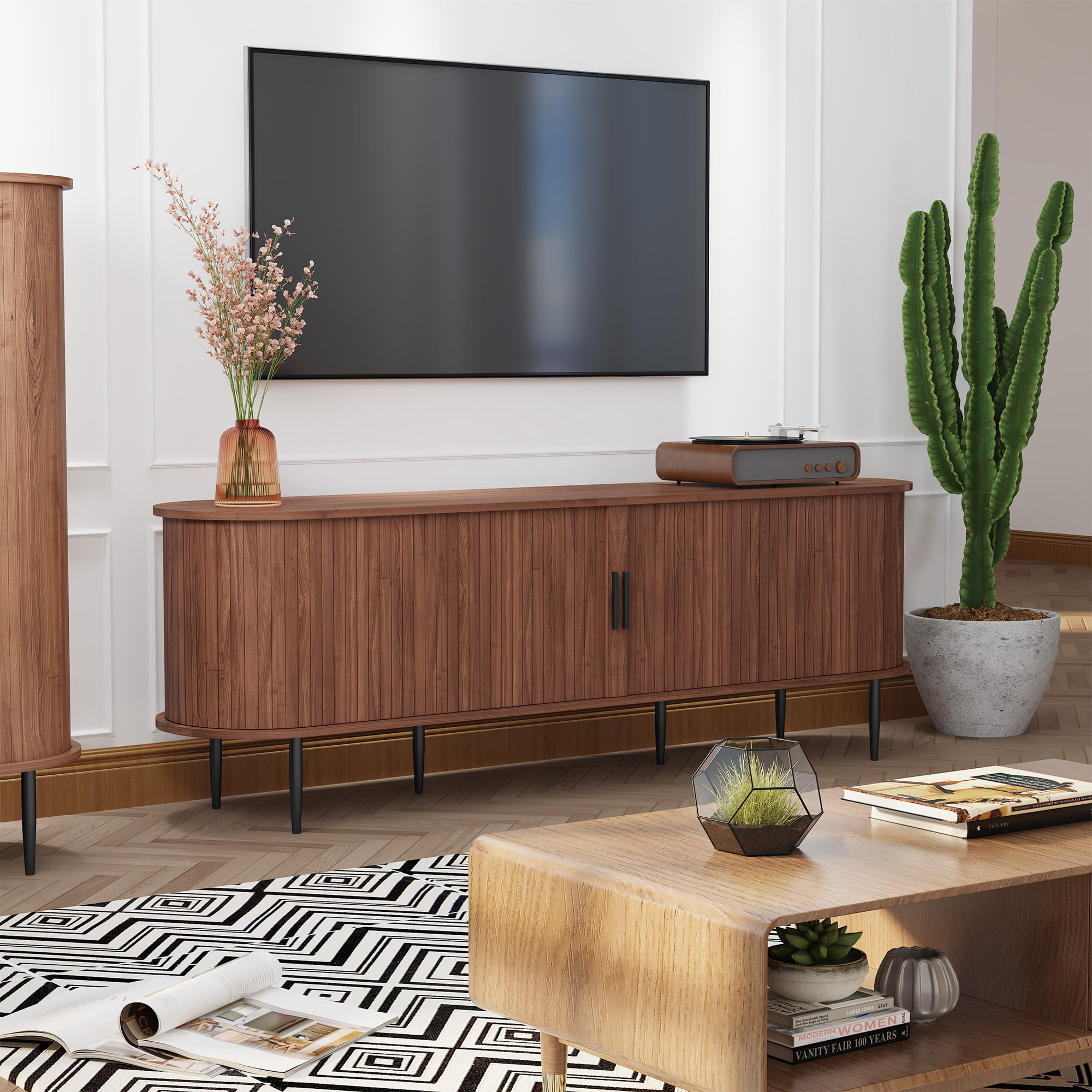 HLR 70" Mid Century TV Stand with Tambour Door for TVs up to 80", Entertainment Center with Storage, Brown