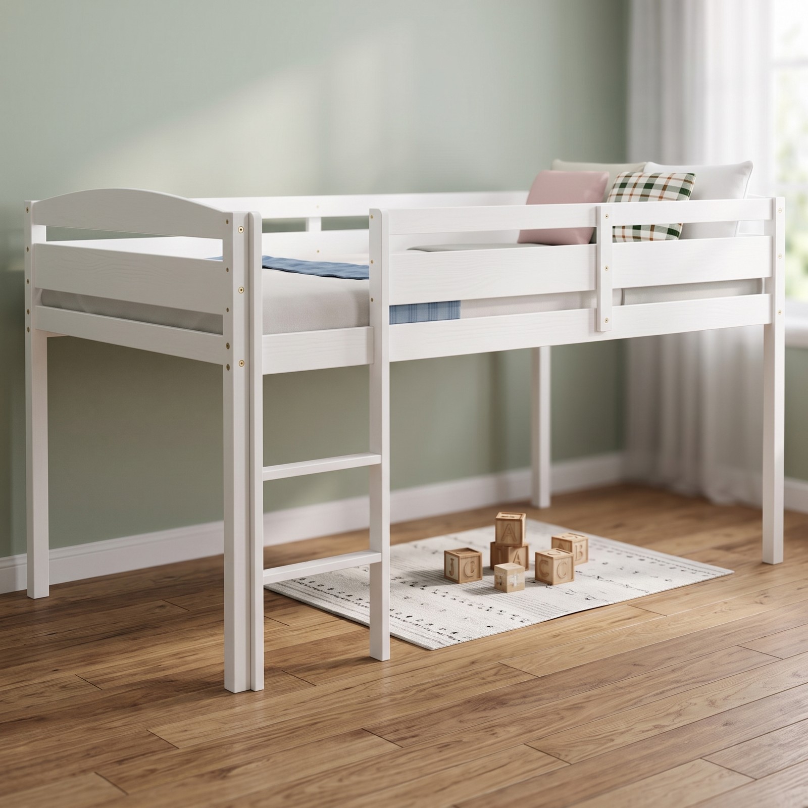 Furnibear Twin Low Loft Bed with Guardrail and Ladder Solid Wood Frame with Open Under-bed Storage Space for Kids, White