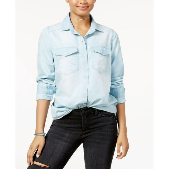 Polly Esther Juniors Cotton Embroidered Denim Shirt Light Chambray XS