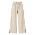 thumbnail image 4 of CHGBMOK Plus Size Wide Leg Striped Pants for Women Slit Bottom Edge Casual Trousers High Waist Drawstring Pants with Pockets, 4 of 7