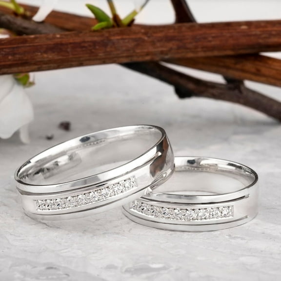 Silver & Stone Jewels Women's & Men's Wedding Band Set 14K White Gold Finish Round Cut Cubic Zirconia Promise Ring Set