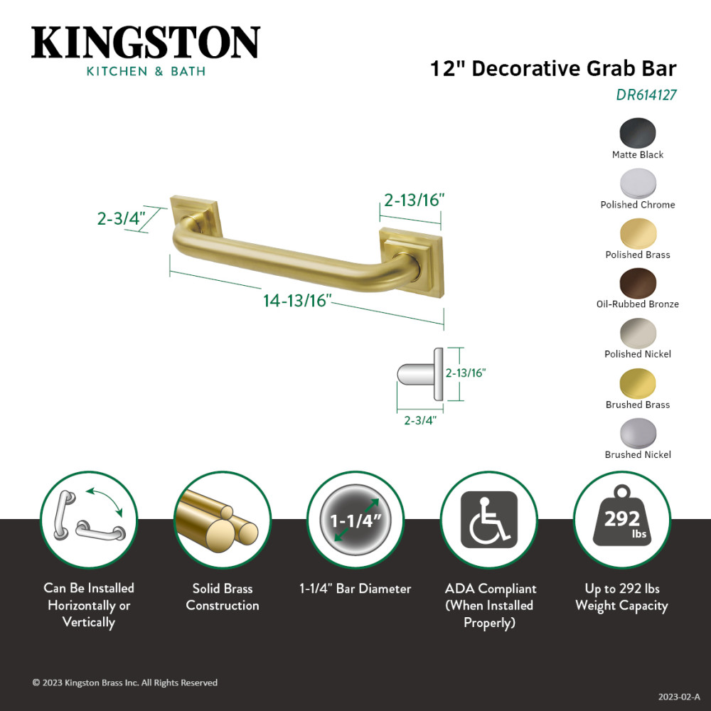 Kingston Brass DR614120 Claremont 12" Wall Mount Grab Bar, 1-1/4" Diameter, Matte Black