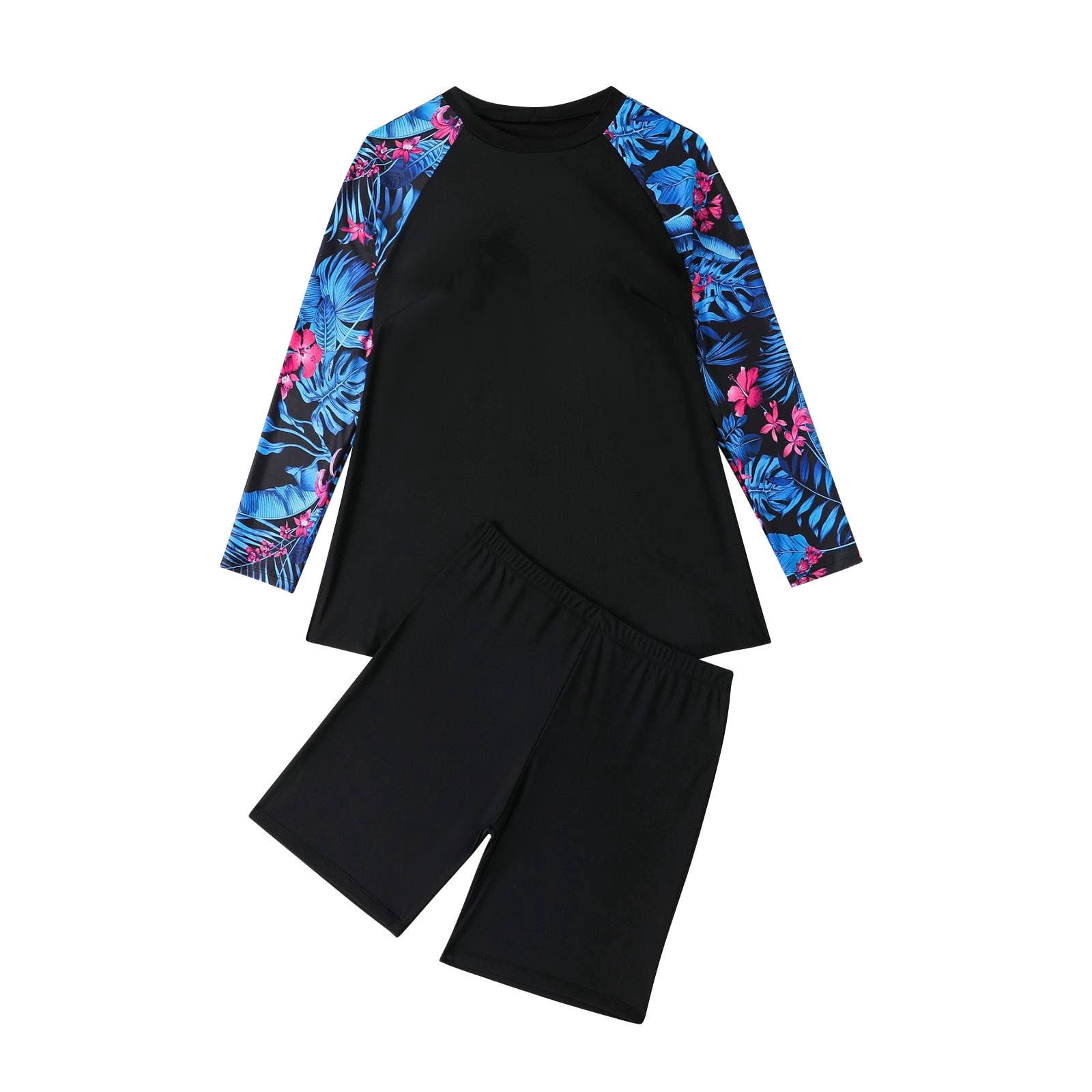 Oplxuo Women's Plus Size Two Piece Long Sleeve Swim Tops Bathing Suits with Shorts Printed Swim Shirts Surf Swimwear