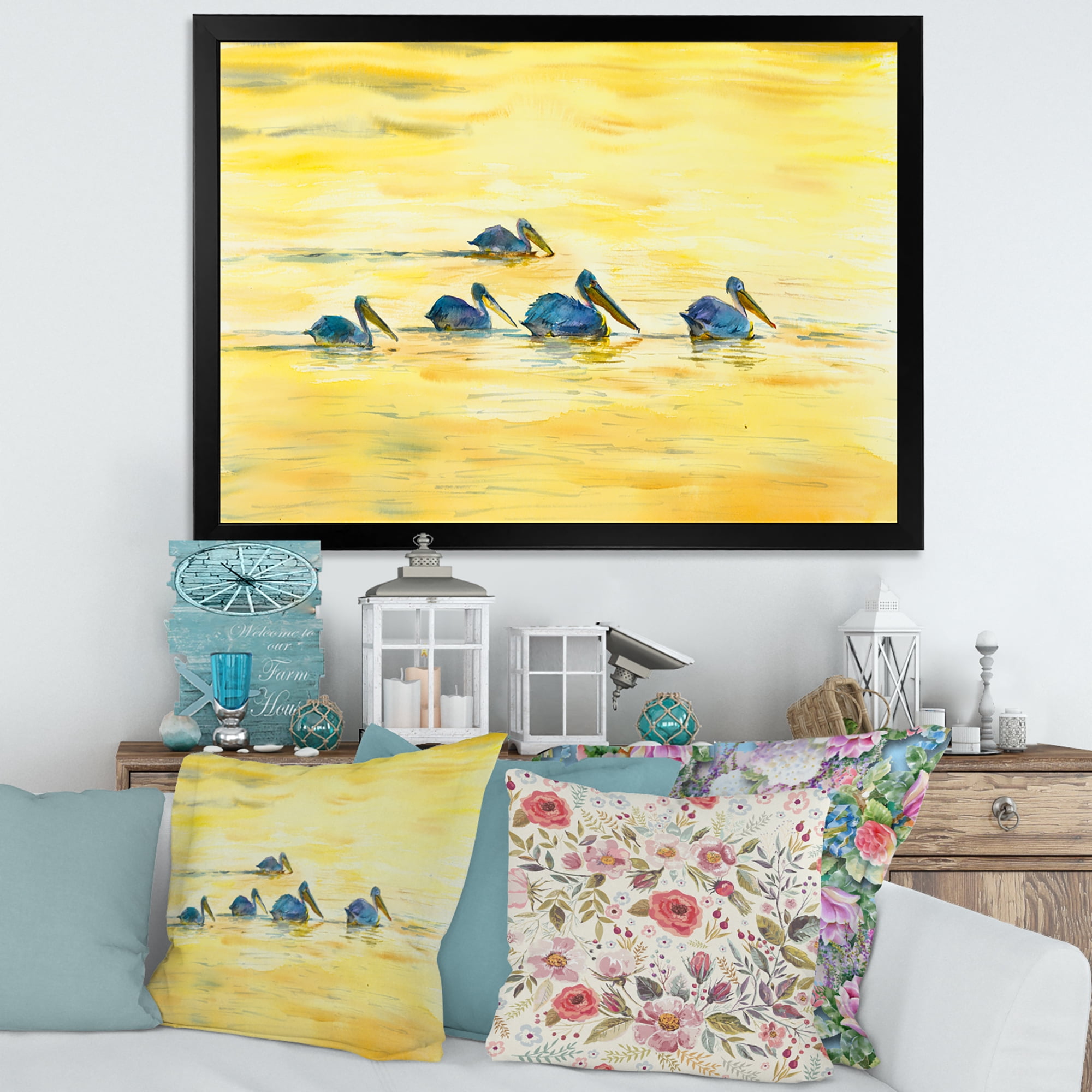 Designart 'Pelicans Birds On The Yellow River' Farmhouse Framed Art Print