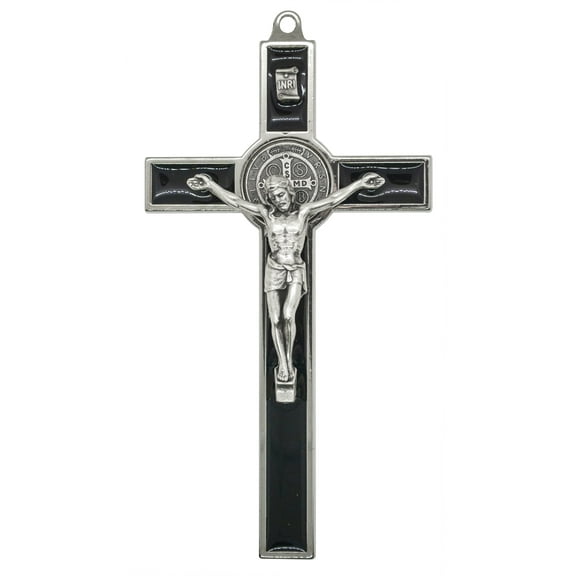 5.25" Silver-Tone St. Benedict Crucifix with Black Enamel Inlays