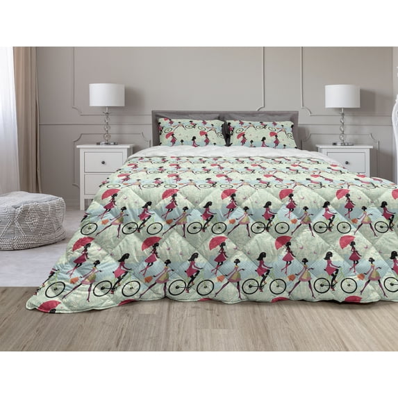 Fashion Comforter & Sham Bedding Set, Polka Dots Floral Shopping Biking Vacation Print, 3 pcs Duvet Set Microfiber Filling Quilt, 5 Sizes, Pale Maroon Cream, by Ambesonne