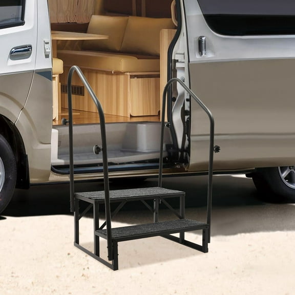 Free Standing Black Steel 2 Steps Handrail Hand Rail Stair For RV Exterior Steps Camper Steps