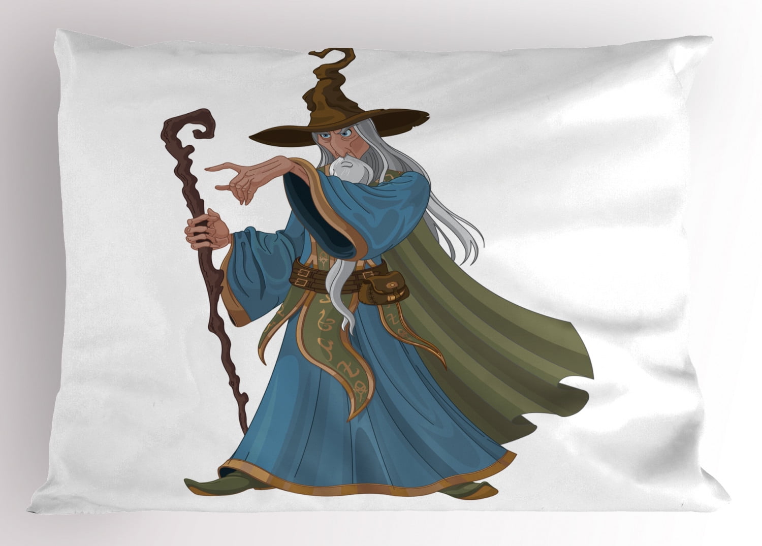 Wizard Pillow Sham, Fantasy Style Powerful Sorcerer with Staff Medieval