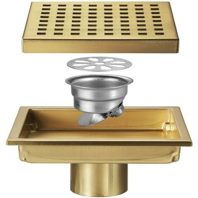 Desagüe de ducha Desagüe de suelo de ducha cuadrado dorado cepillado, rejilla con tapa extraíble, acero inoxidable SUS304 dorado cepillado
