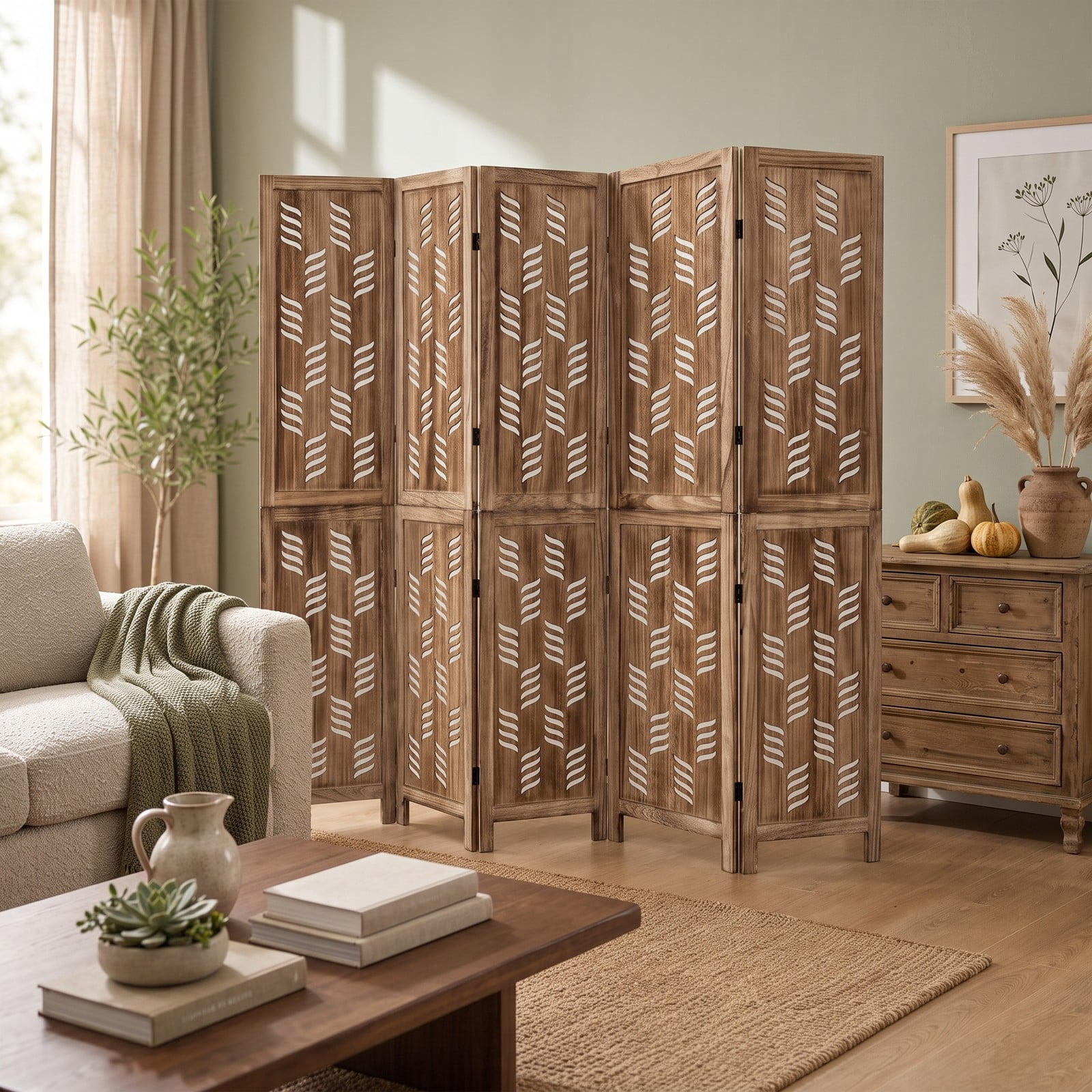 ALPULON 5.5 FT Tall 6-Panel Folding Room Divider Privacy Screen with Wave Cutout and Paulownia Wood Frame for Living Room Bedroom Office, Brown