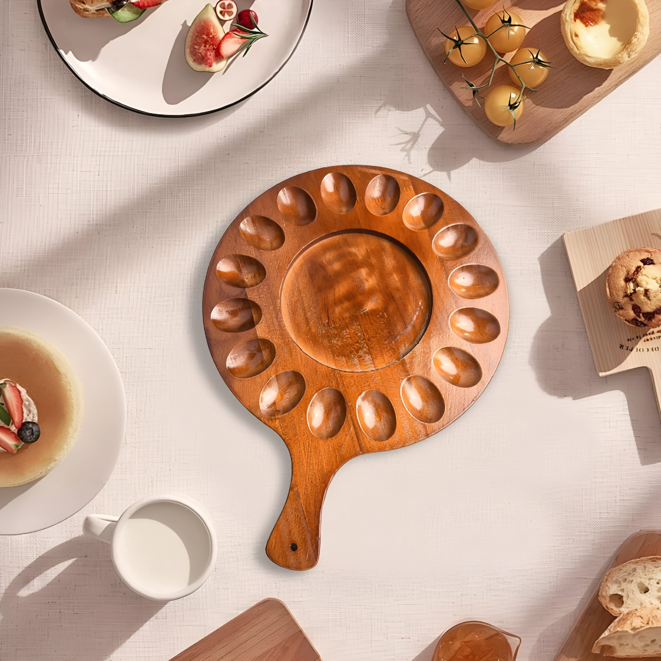 ACDANC 2026 New Deviled Egg Platter,Wooden Deviled Egg Tray 16 Holes Round Egg Holder Wooden Deviled Egg Tray for Parties, Gatherings, Appetizers, Holiday Meals, Kitchen Serving, Festive Occasions