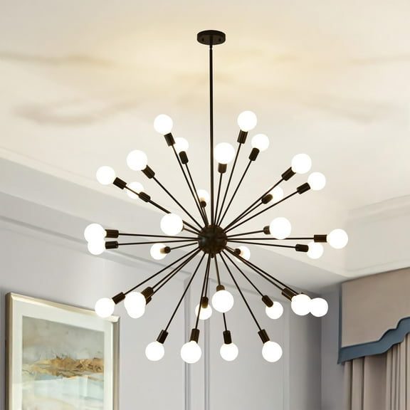 Black Sputnik Chandeliers Light, 32-Light Farmhouse Mid Century Pendant Light, Height Adjustable Chandelier for Dining Room Living Room Kitchen Island