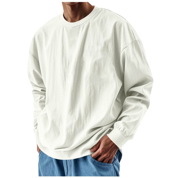 Fewfanhot Men Shirts Basic Solid Color Sweatshirts Long Sleeve Round Neck Relaxed Fit Tops with Hem