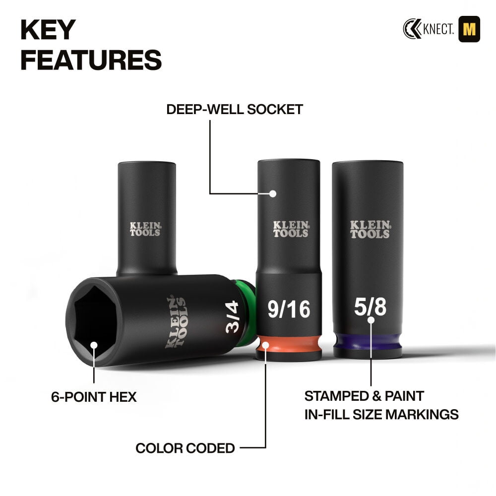 Klein Tools Knect Deep-Well 3/8 Inch Drive Impact Socket Set, Sae, 9 Pieces