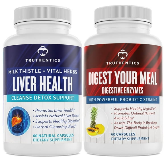 Truthentics Liver Cleanse Detox Support Plus Digestive Enzymes Probiotic Bundle - 60 Capsules Each