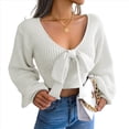 thumbnail image 3 of Suéter de Punto Acanalado con Lazo y Larga para Mujer, Top Corto con Cuello en V para Otoño e Invierno. M, 3 of 10