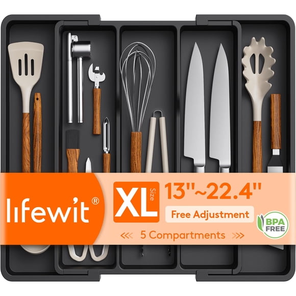 Lifewit Extra Large Kitchen Drawer Organizer, Expandable Cooking Utensil Set Cutlery Organizer Tray, Plastic Kitchen Storage and Organization Sets for Spatula Tools and Gadgets, Black