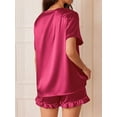 thumbnail image 5 of DAKIMOE Silk Satin Pajamas for Women Short Sleeve Sleepwear Two Piece Pj Sets with Ruffled Shorts Casual Loungewear, Rose Red, XL, 5 of 10