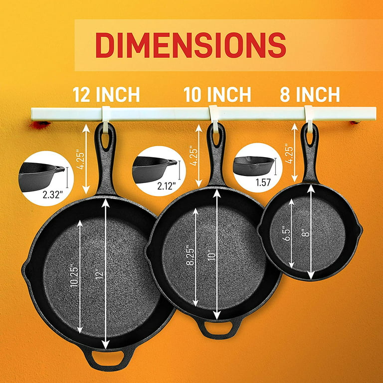 Eternal Living Cast Iron 3 Piece Skillet Set, Nonstick Pre-Seasoned  Chemical Free & Heavy Duty for Use on Stove Top, Oven or Grill 6 8” & 10”,  Black