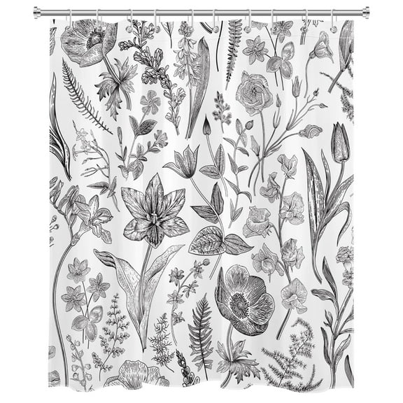 Black and White Wildflower Shower Curtain Vintage Rustic Floral Botanical Plant Leaves Bathroom Shower Curtain Farmhouse Nature Art Shower Curtain Home Decor with 10 Hooks 60x72 Inches