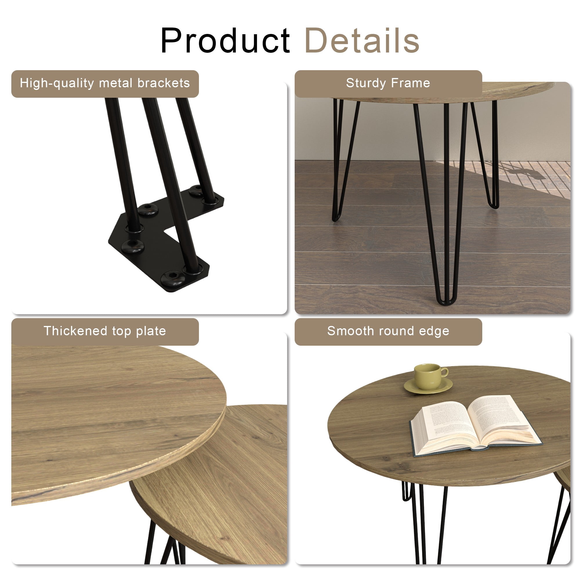 27.56'' Round Nesting Coffee Table Set of 2,Wooden End Table Set, with Metal Base for Living Room,Bedroom,Brown