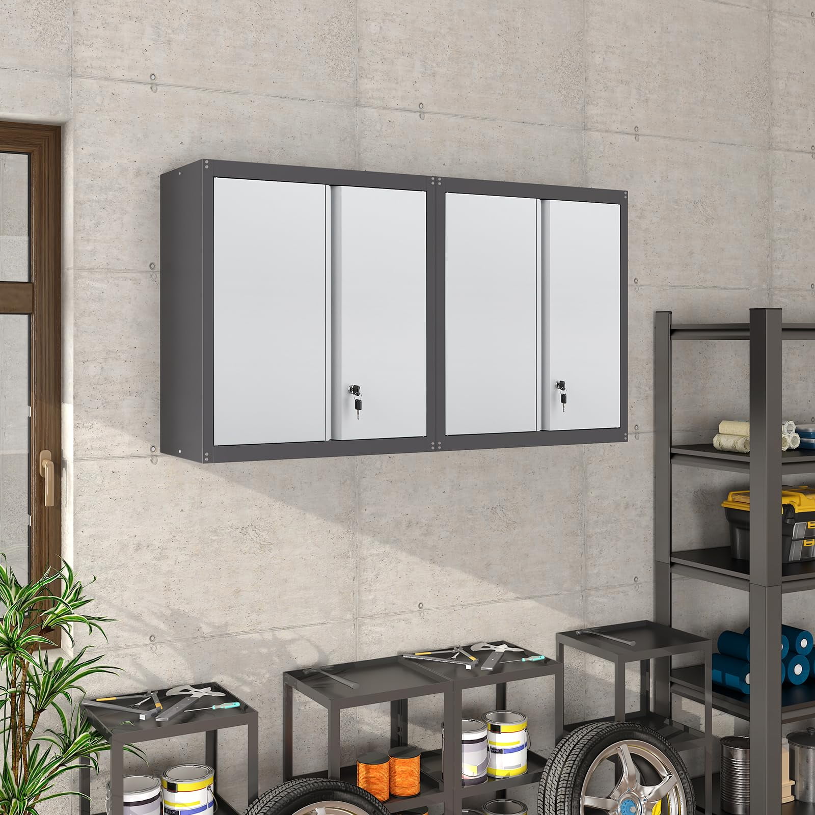 Marcree Wall Mounted Garage Cabinet, Black Metal 2-Door Storage with Lock,  Adjustable Shelf, 25.98\, image size:1600x1600