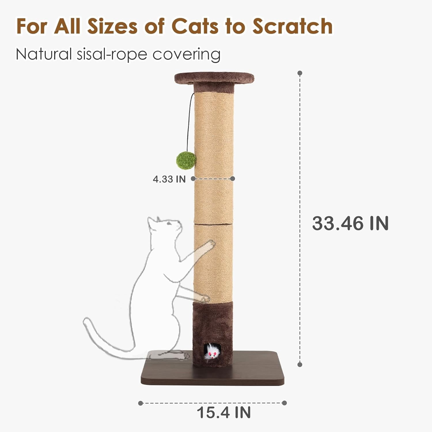 Scratching Post for Indoor Cats Adults – 33." Tall  Sisal Scratcher with Interactive Mouse Hole, Sturdy Furniture Board Base
