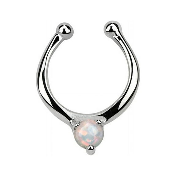 iJewelry2 Simulated White Opal Fake Clicker Illusion Septum Nose Ring in Sterling Silver 18g