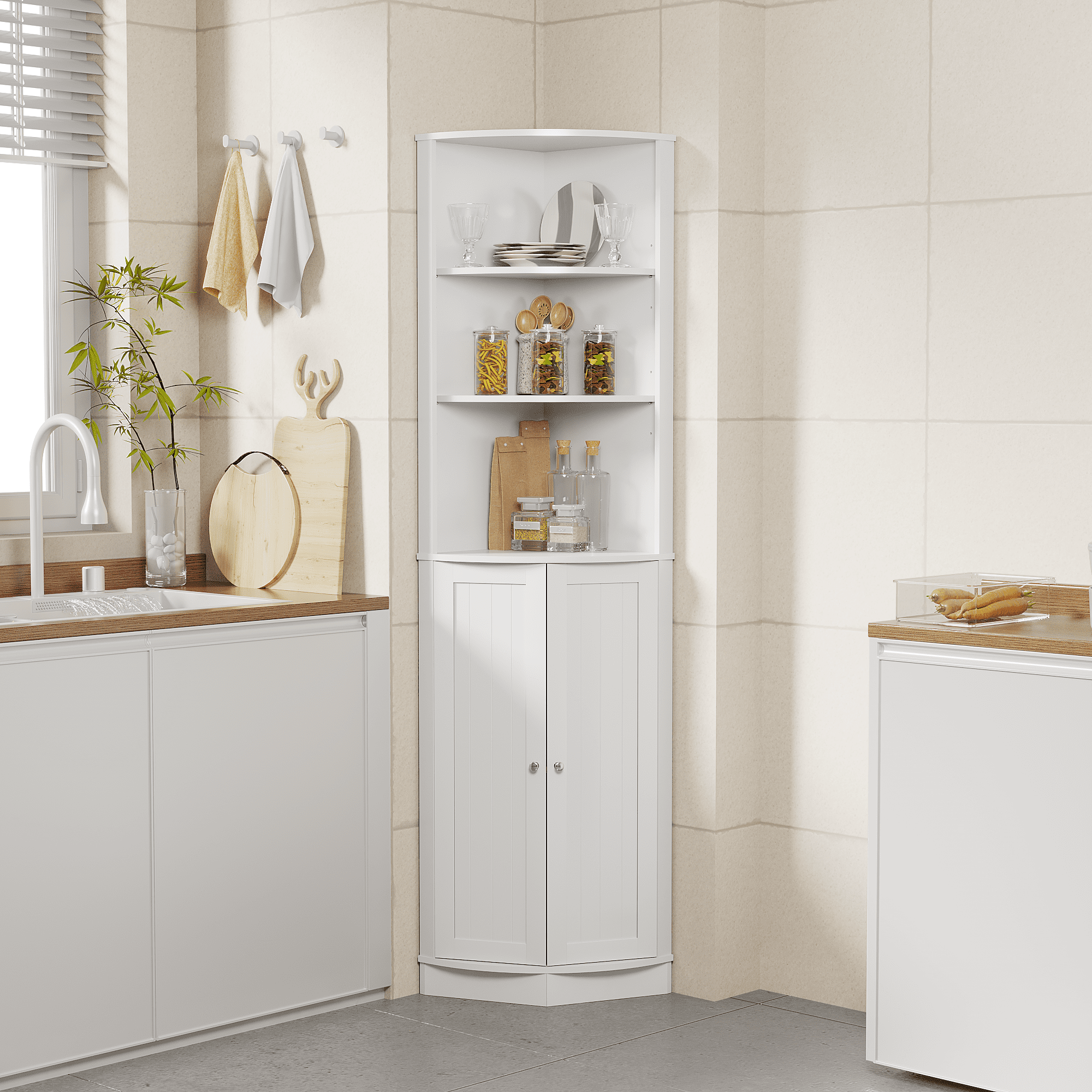 67 in Tall Corner Cabinet with 2 Doors and Adjustable Shelves, Narrow Freestanding Storage Cabinet for Bathroom, Kitchen, Living Room, Bedroom, Laundry Room, White