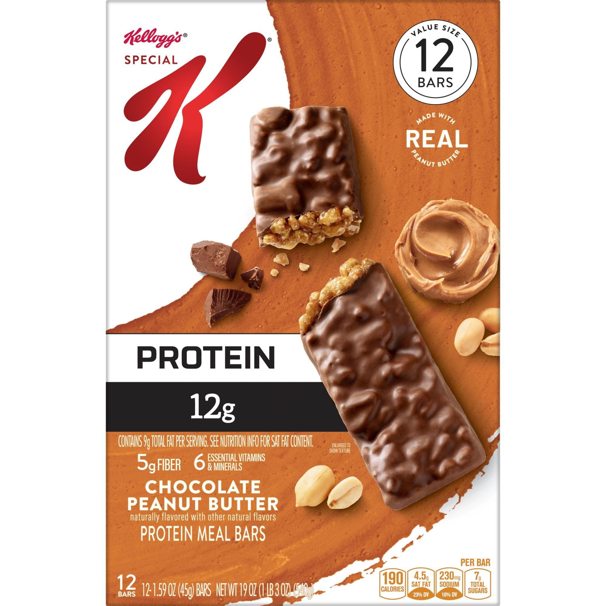 2 Pack - Kellogg's Special K Chocolate Peanut Butter Protein Meal Bars, 19 oz - 12 ct Packaging may vary
