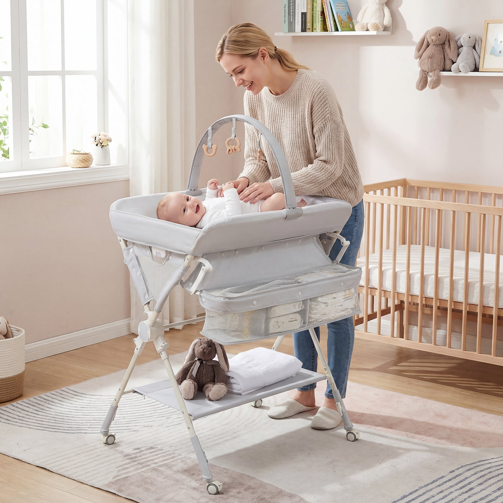 Babyjoy Baby Changing Table, Foldable Diaper Changing Station with Storage Bag & Shelf Gray