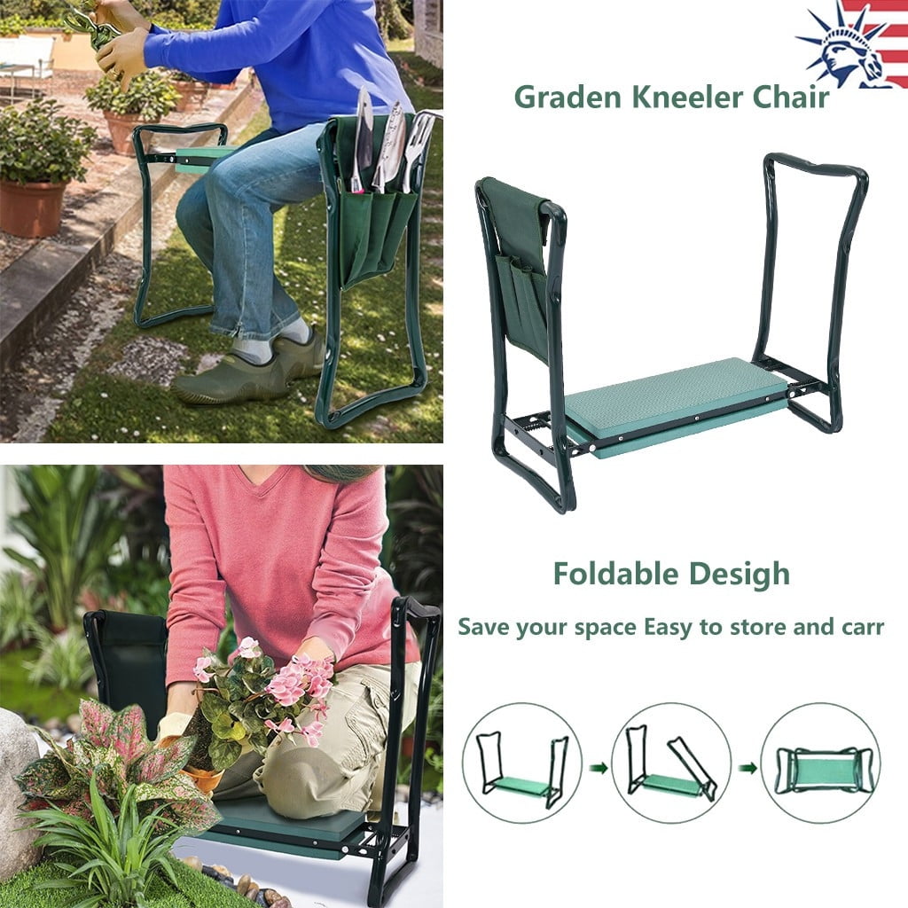Foldable Kneeler Garden Kneeling Bench Stool Soft Cushion Seat Pad & Tool Pouch 