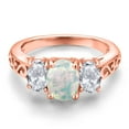 thumbnail image 3 of Gem Stone King 18K Rose Gold Plated Silver White Opal and White Topaz Filigree Style 3 Stone Ring for Women (2.20 Cttw, Oval 8X6MM and 6X4MM) (Size 8), 3 of 6