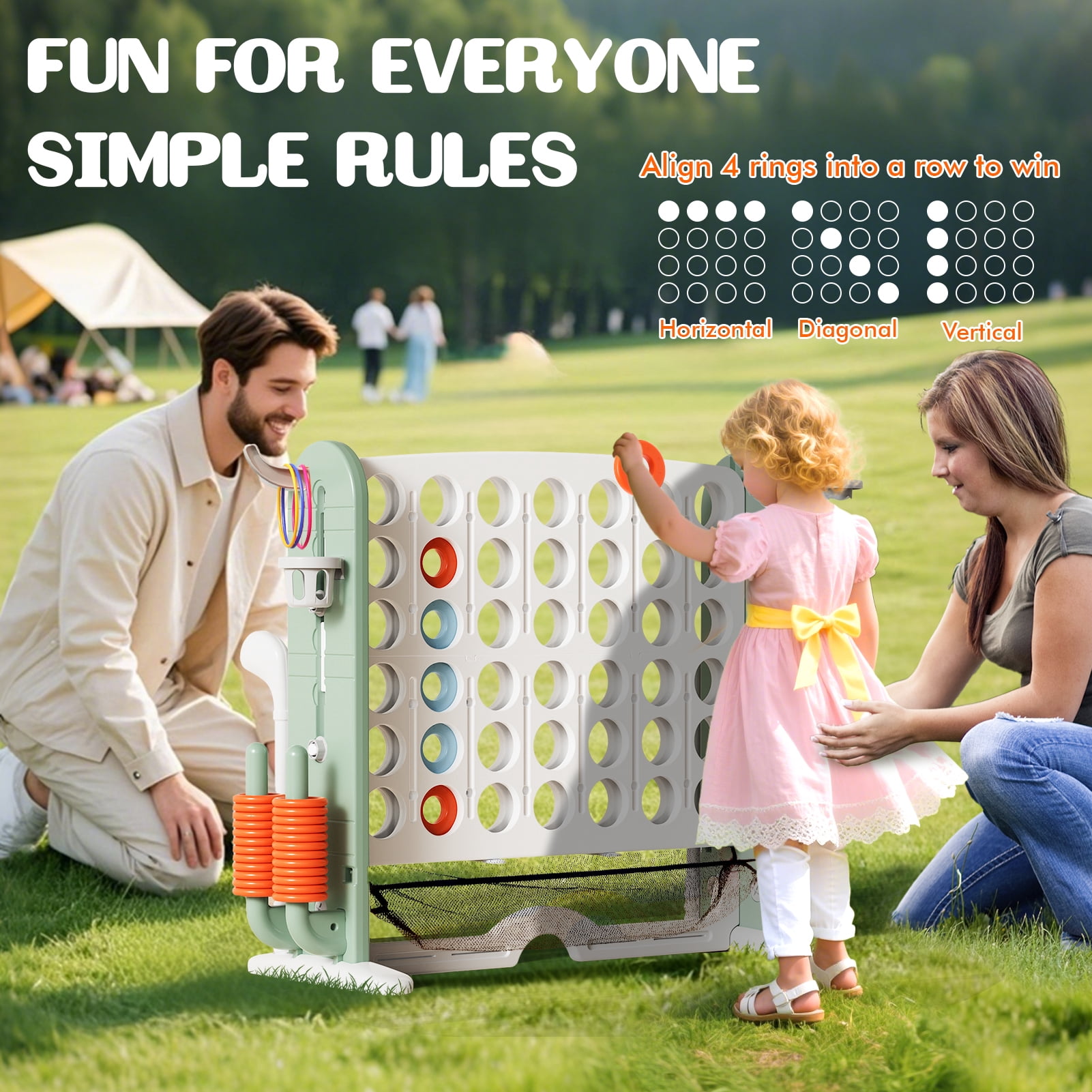 Wdmiya Jumbo 4-to-Score Giant Game Set, 4-in-a-Row Connect Game for Adults Kids Family Fun, Indoor Outdoor Adjustable Height Yard Family Game with w/ Golf Set, Basketball Hoop, Green White