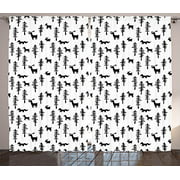 Ambesonne Forest Curtains, Christmas Spirit Inspired Sketchy Reindeer Pine Trees Rabbits Animal Design, Living Room Bedroom Window Drapes 2 Panel Set, 108" X 84", White Black