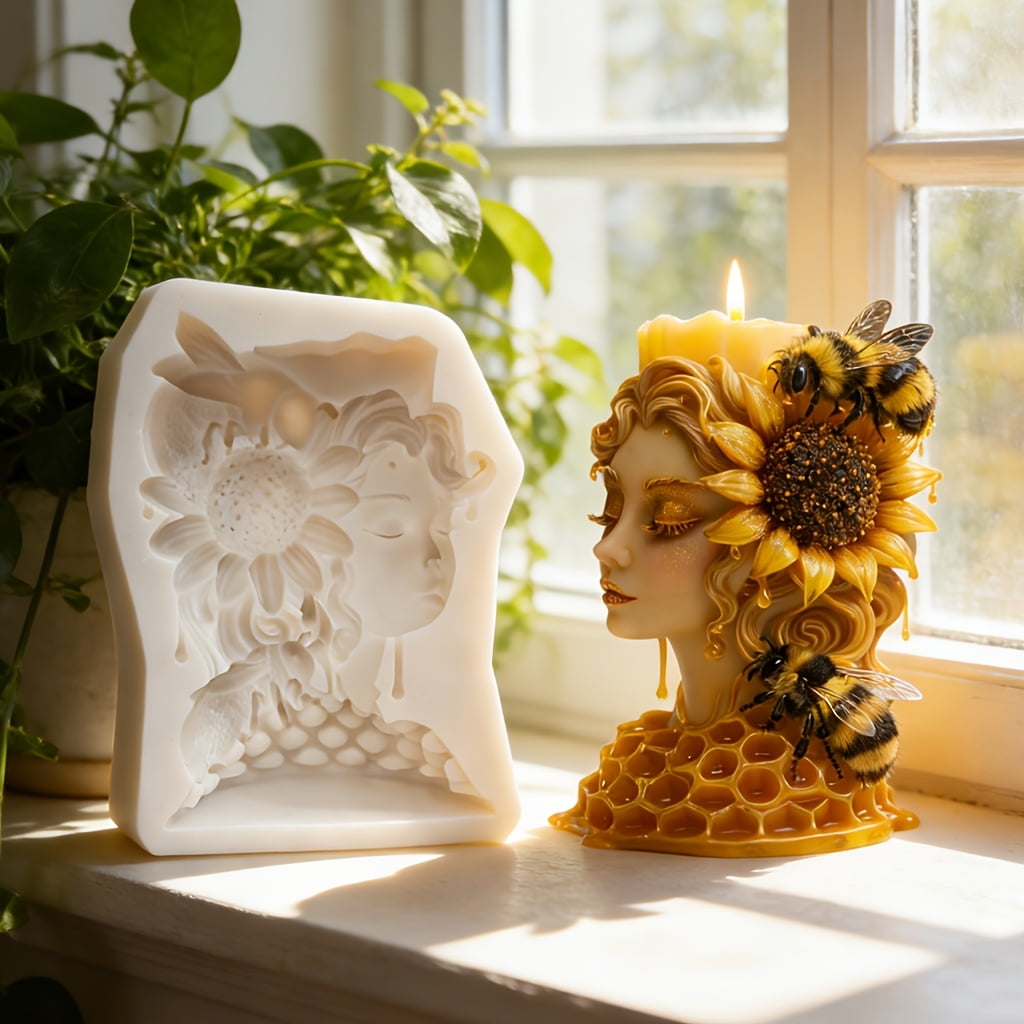 3D Sunflower Goddess Bee-Hive Silicone Candle Mold, Multipurpose DIY Mould for Scented Candle, Resin, Plaster, Soap and Clay, Hand-made Craft Supplies for Home Decor and Holiday Gifts