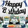 Glitter Golf Happy Birthday Banner Golf Theme Birthday Party Decorations Favors Supplies Sports Themed Play Golf Ball Game Cake Decorations for Men Boy Adult Kids, Black Golf One Banner
