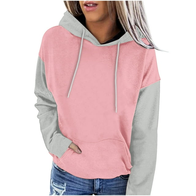 MeetoTime Women's Color Block Hoodie Fall Fleece Long Sleeve Crew Neck Oversized Hooded Sweatshirt Pullover Tops
