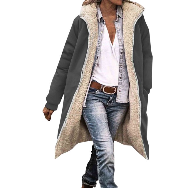 yardsong Manteau en Sherpa Polaire - Veste Longue à Capuche Zippée Réversible pour Femmes Gris, M